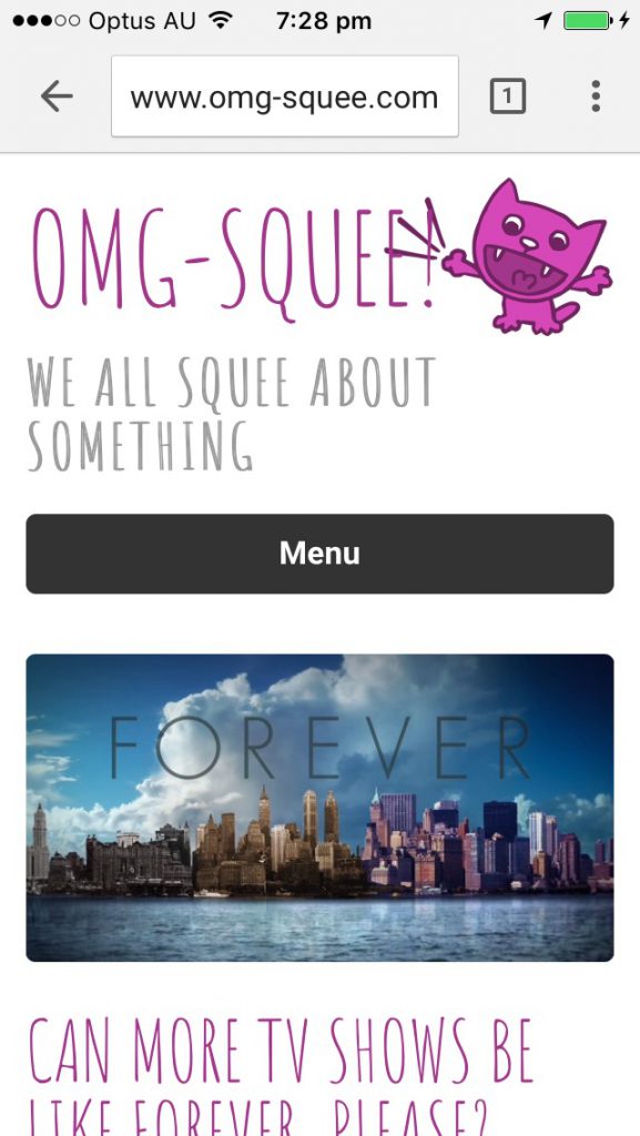Fully responsive website - this is the same OMG-Squee homepage viewed on a handheld device.