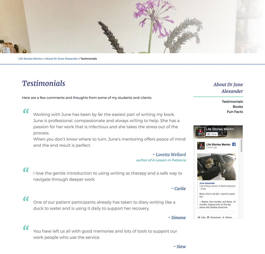 All important testimonials have a dedicated page and also display in the footer (randomly selecting 2 from the pool of testimonials).